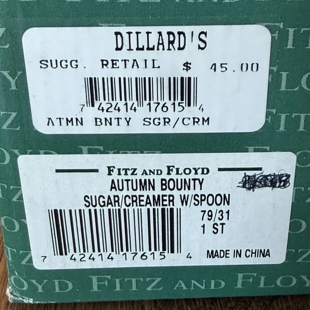 Fitz and Floyd Autumn Bounty Harvest Heritage Sugar Creamer Set W/Lid Spoon Box